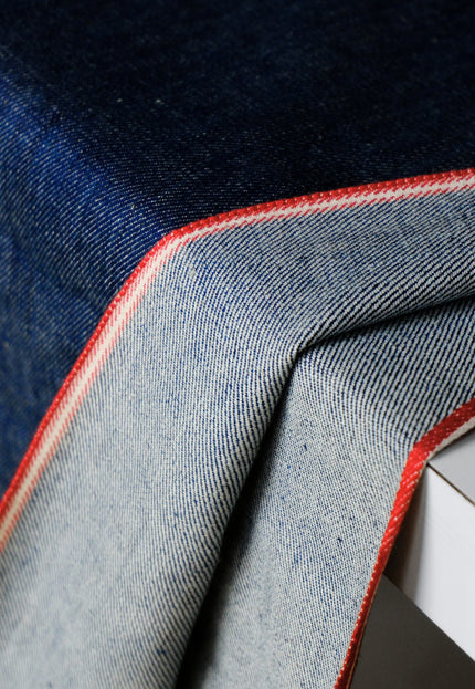 Handwoven Indigo Cotton Denim Fabric, Lightweight (210 GSM) Twill with 2 Red Selvedge