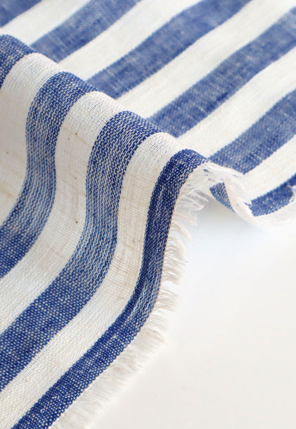 Double Cloth Pure Linen Indigo Striped Fabric by the yard, 58 inches wide, 135 GSM