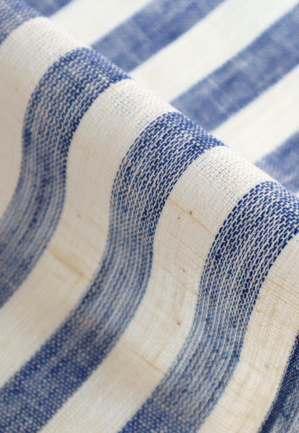 Double Cloth Pure Linen Indigo Striped Fabric by the yard, 58 inches wide, 135 GSM