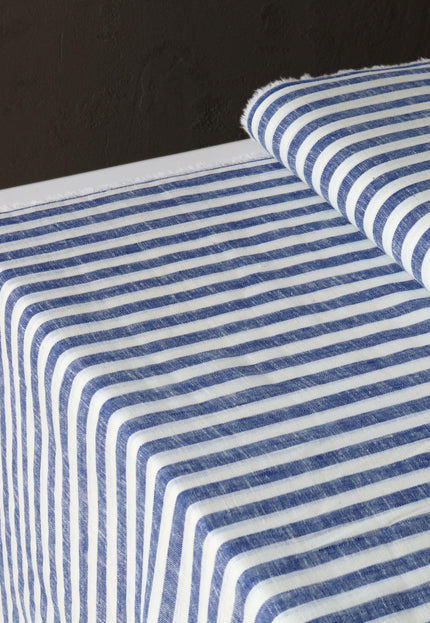Double Cloth Pure Linen Indigo Striped Fabric by the yard, 58 inches wide, 135 GSM