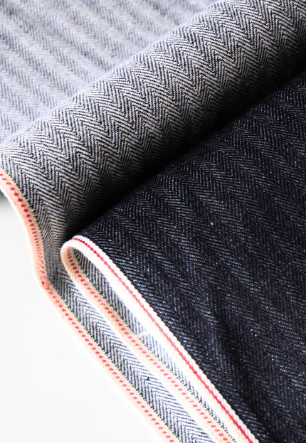 Raw Indigo Herringbone Selvedge Denim Fabric | 33″ Wide | 396 GSM