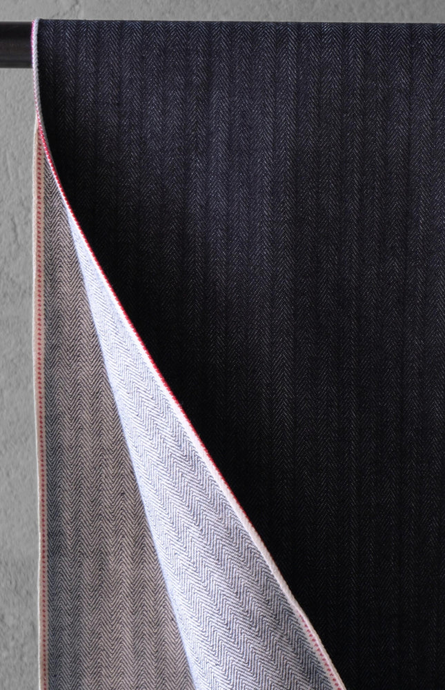 Raw Indigo Herringbone Selvedge Denim Fabric | 33″ Wide | 396 GSM