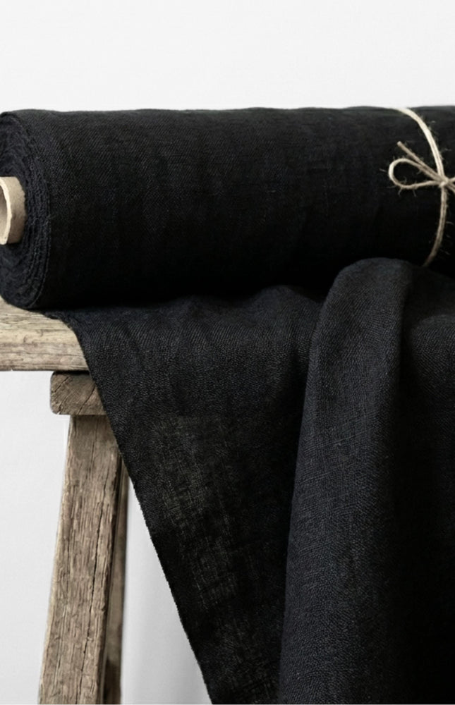 Black Pure Linen Fabric, 58 inches wide, 238 GSM, 25s lea - By the Yard