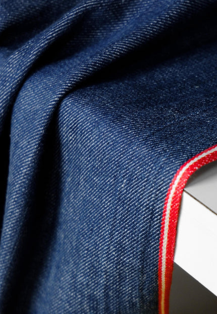 Handwoven Indigo Cotton Denim Fabric, Lightweight (210 GSM) Twill with 2 Red Selvedge