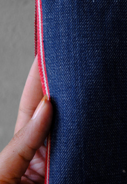 Handwoven Indigo Cotton Denim Fabric, Lightweight (210 GSM) Twill with 2 Red Selvedge