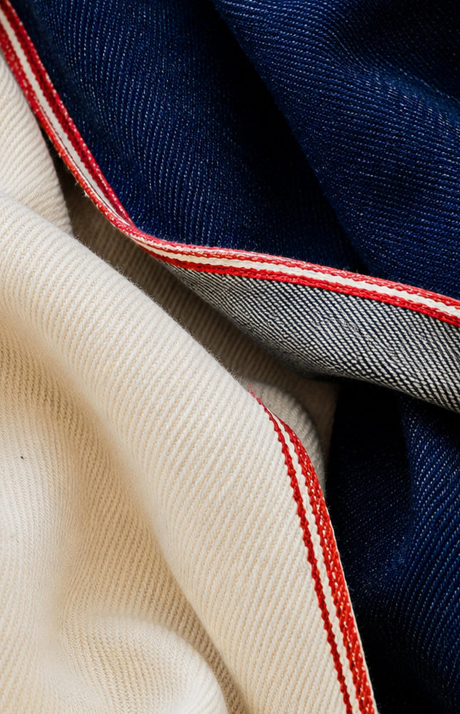 Handwoven Indigo Cotton Denim Fabric, Lightweight (210 GSM) Twill with 2 Red Selvedge